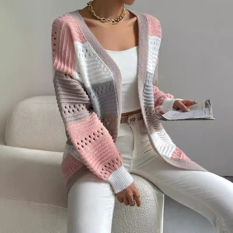 Women’s Oversized Striped Open Front Cardigan with Balloon Sleeves Pink