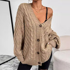 Women’s Oversized Cable Knit Cardigan with Button Front Closure Khaki