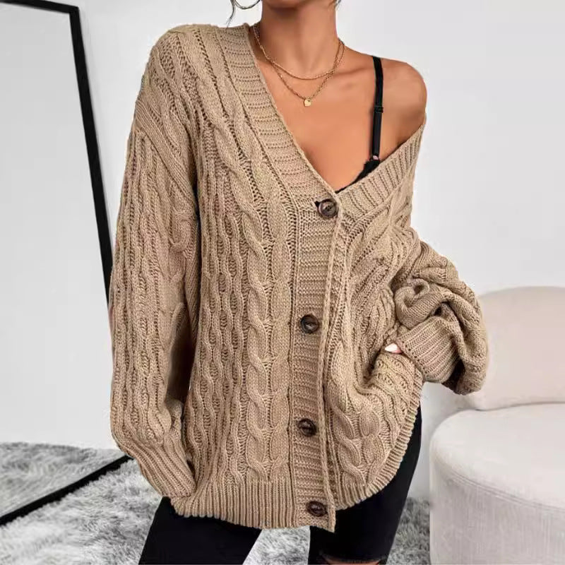 Women’s Oversized Cable Knit Cardigan with Button Front Closure Khaki