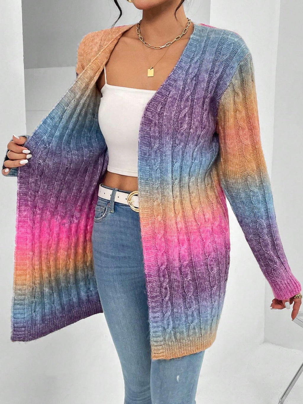Women’s Long Cable Knit Cardigan Sweater with Open Front
