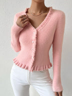 Women’s Fitted V-Neck Cardigan with Ruffle Trim Pink