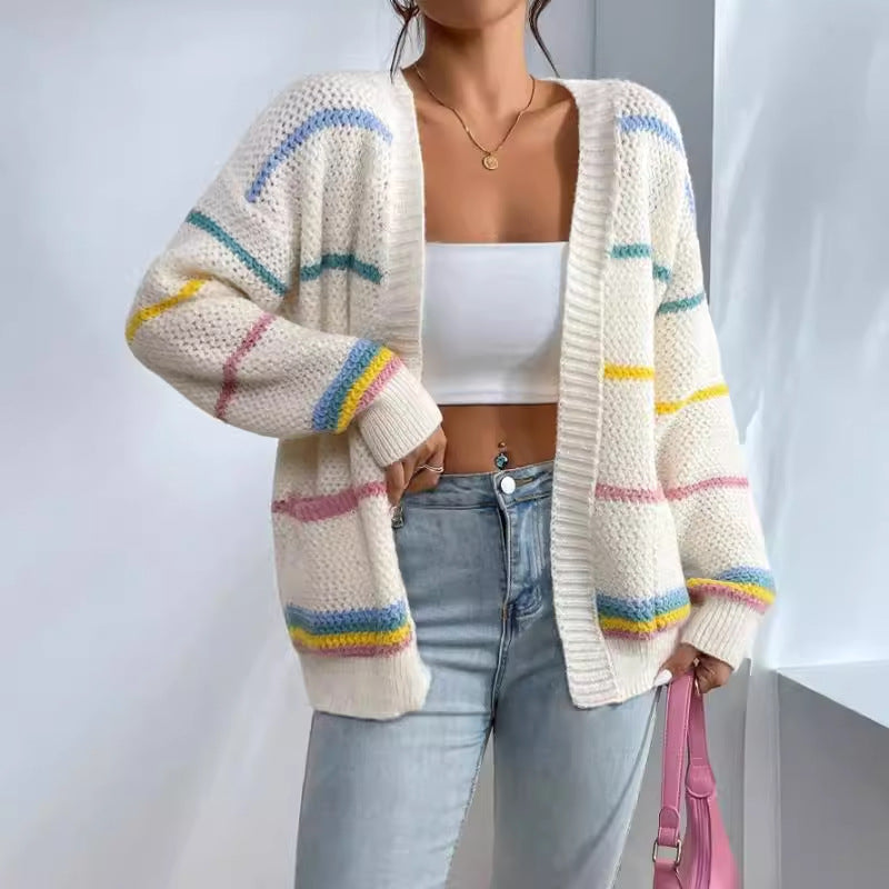 Women’s Oversized Striped Knit Cardigan with Open Front Apricot