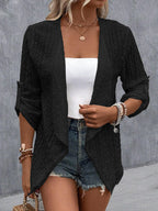 Women’s Open Front Draped Cardigan with Eyelet Pattern Black