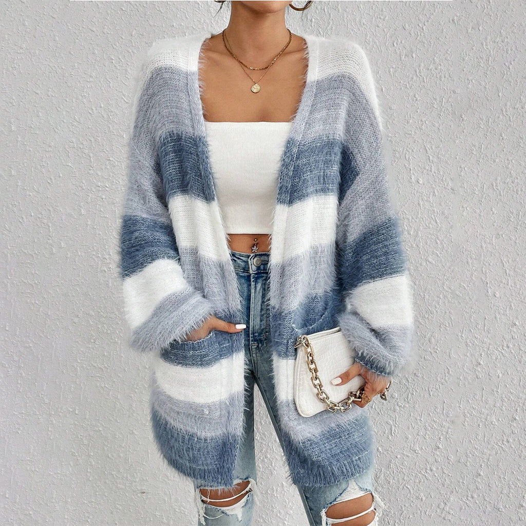 Women’s Oversized Striped Cardigan Sweater with Pockets Light Blue