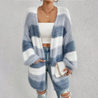 Women’s Oversized Striped Cardigan Sweater with Pockets Light Blue