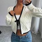 Women’s Cropped V-Neck Cardigan with Bow Front Detail