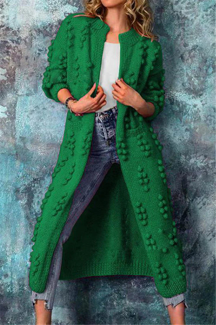 Women’s Cozy Long Textured Knit Open Cardigan Green