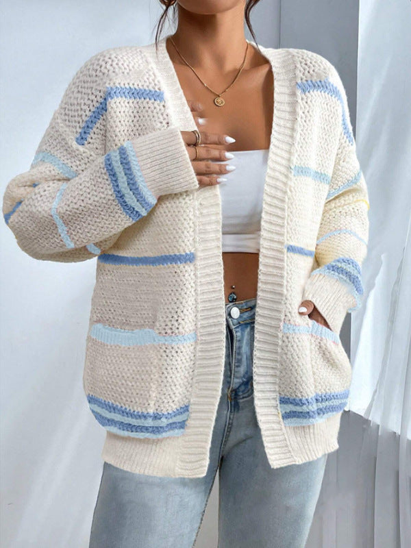 Women’s Oversized Striped Knit Cardigan with Open Front Sky Blue
