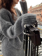 Women’s Cozy V-Neck Knit Sweater and Flare Midi Skirt Set