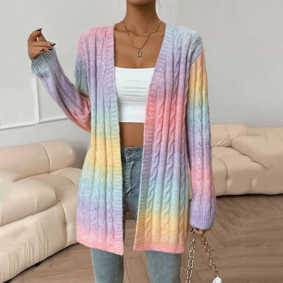 Women’s Long Cable Knit Cardigan Sweater with Open Front