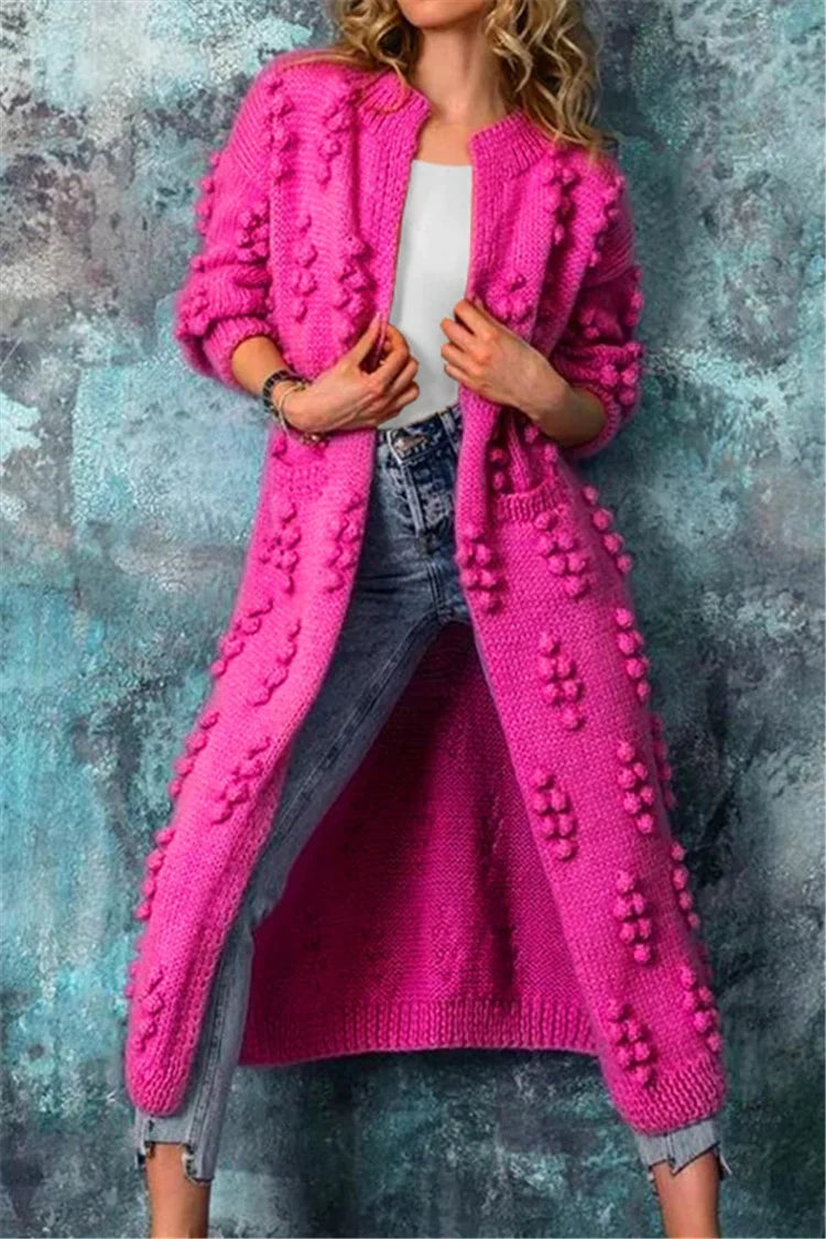 Women’s Cozy Long Textured Knit Open Cardigan Pink
