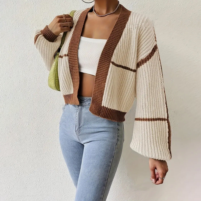 Women’s Stylish Cropped Knit Cardigan with Balloon Sleeves Khaki