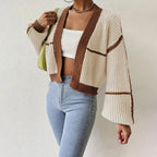 Women’s Stylish Cropped Knit Cardigan with Balloon Sleeves Khaki