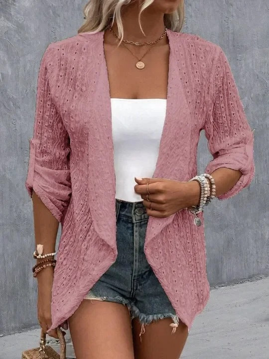 Women’s Open Front Draped Cardigan with Eyelet Pattern Pink