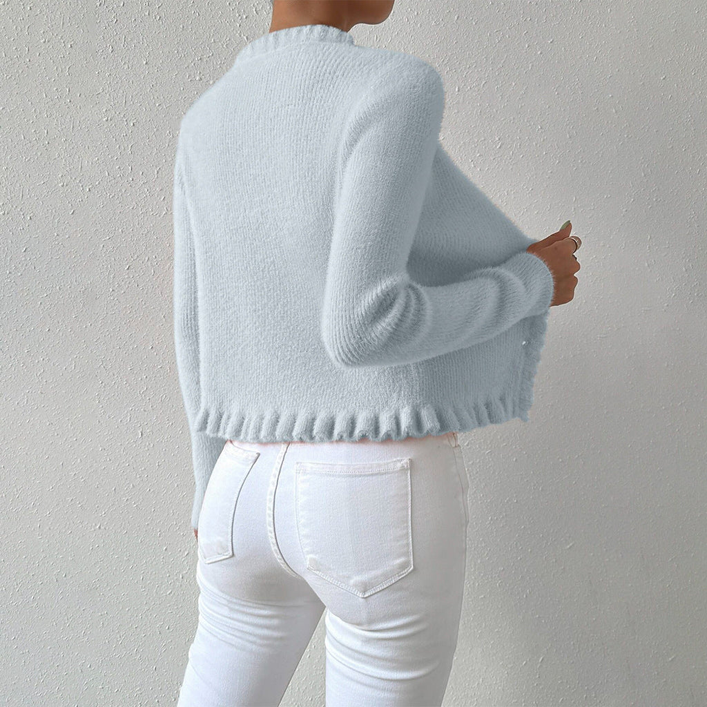 Women’s Fitted V-Neck Cardigan with Ruffle Trim