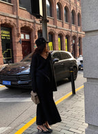 Women’s Cozy V-Neck Knit Sweater and Flare Midi Skirt Set Black