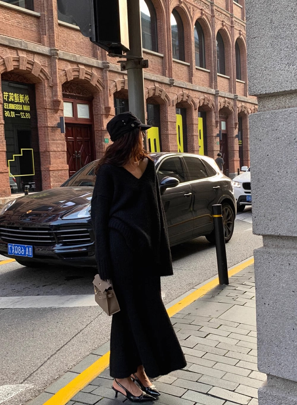 Women’s Cozy V-Neck Knit Sweater and Flare Midi Skirt Set Black