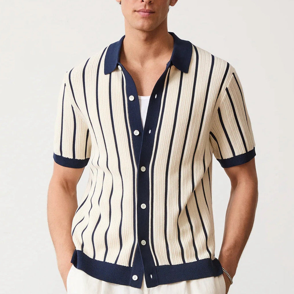 Men’s Short Sleeve Vertical Striped Button-Down Shirt White