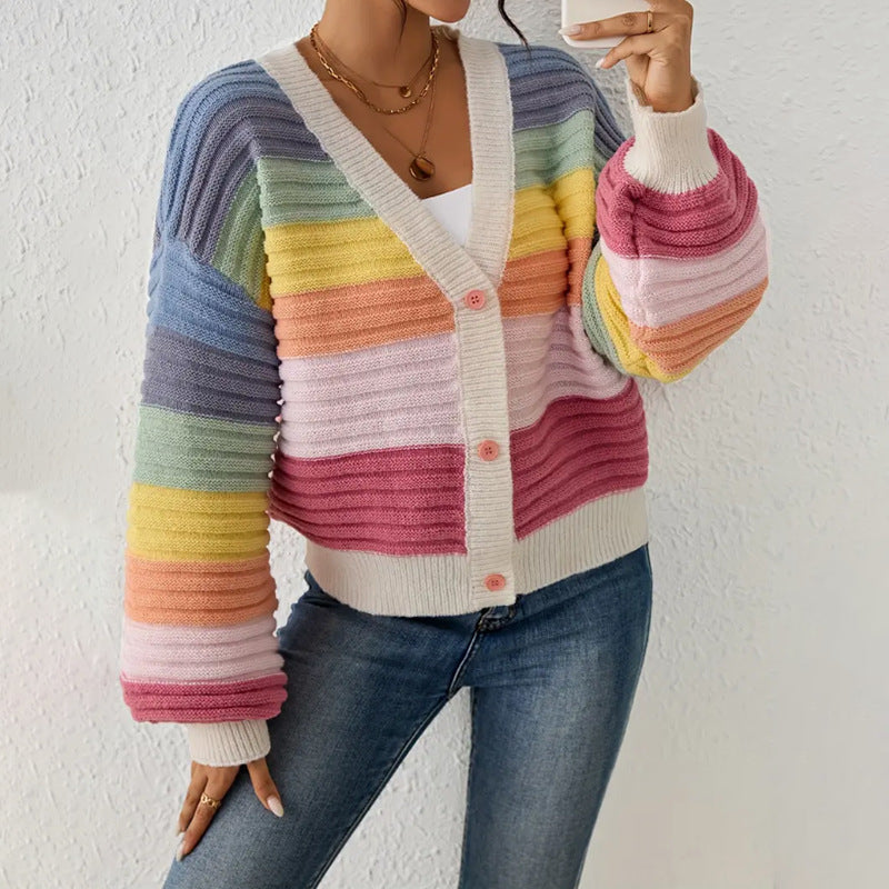 Women’s Oversized Rainbow Cardigan with Button-Front Closure Pink