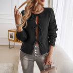 Women’s Relaxed Fit Tie Front Cardigan in Ribbed Knit Texture Black