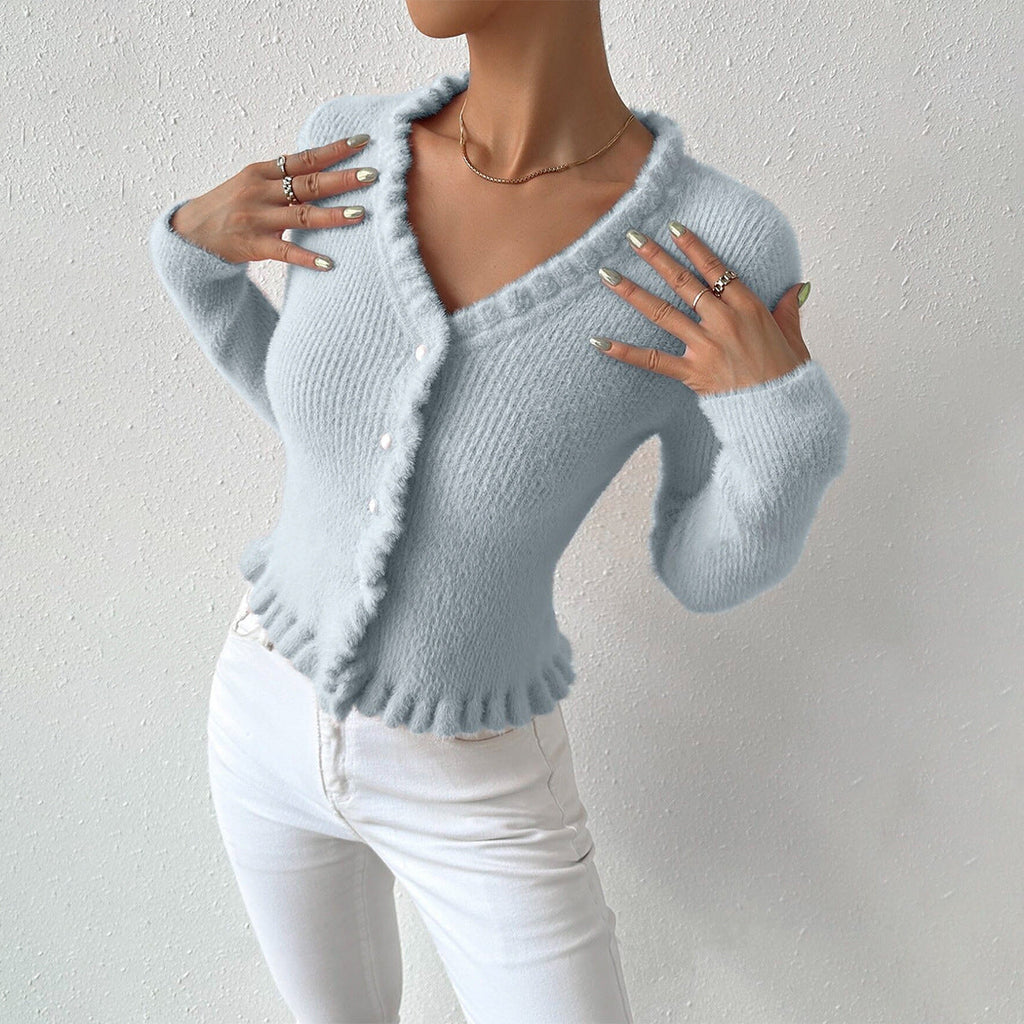 Women’s Fitted V-Neck Cardigan with Ruffle Trim Light Blue