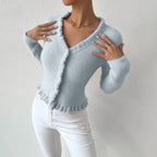 Women’s Fitted V-Neck Cardigan with Ruffle Trim Light Blue