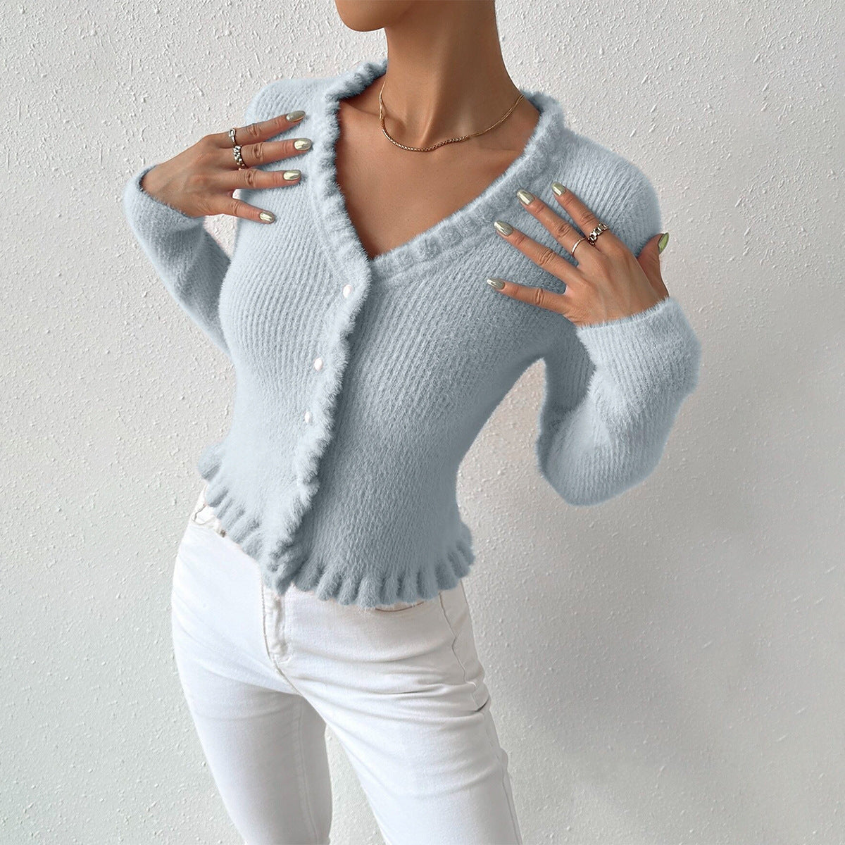 Women’s Fitted V-Neck Cardigan with Ruffle Trim Light Blue