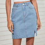 Women’s Mid Waist Denim Skirt with Zip Fastening Blue