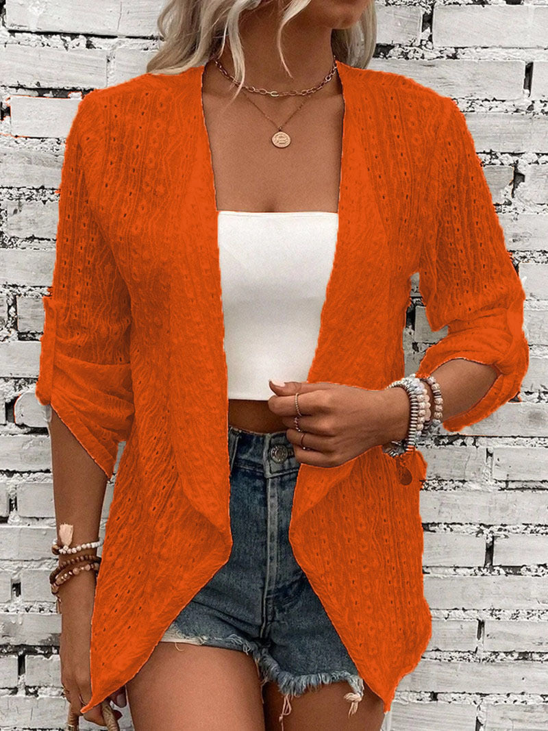 Women’s Open Front Draped Cardigan with Eyelet Pattern Orange