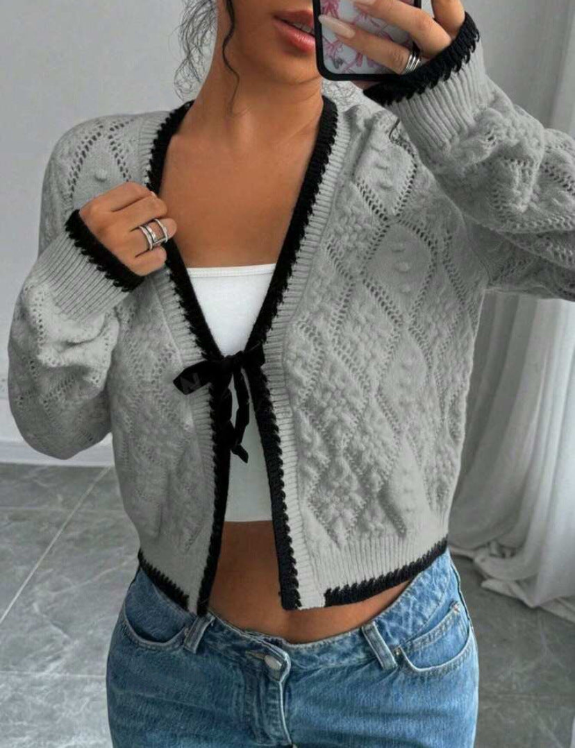 Women’s Cropped V-Neck Cardigan with Bow Front Detail Gray
