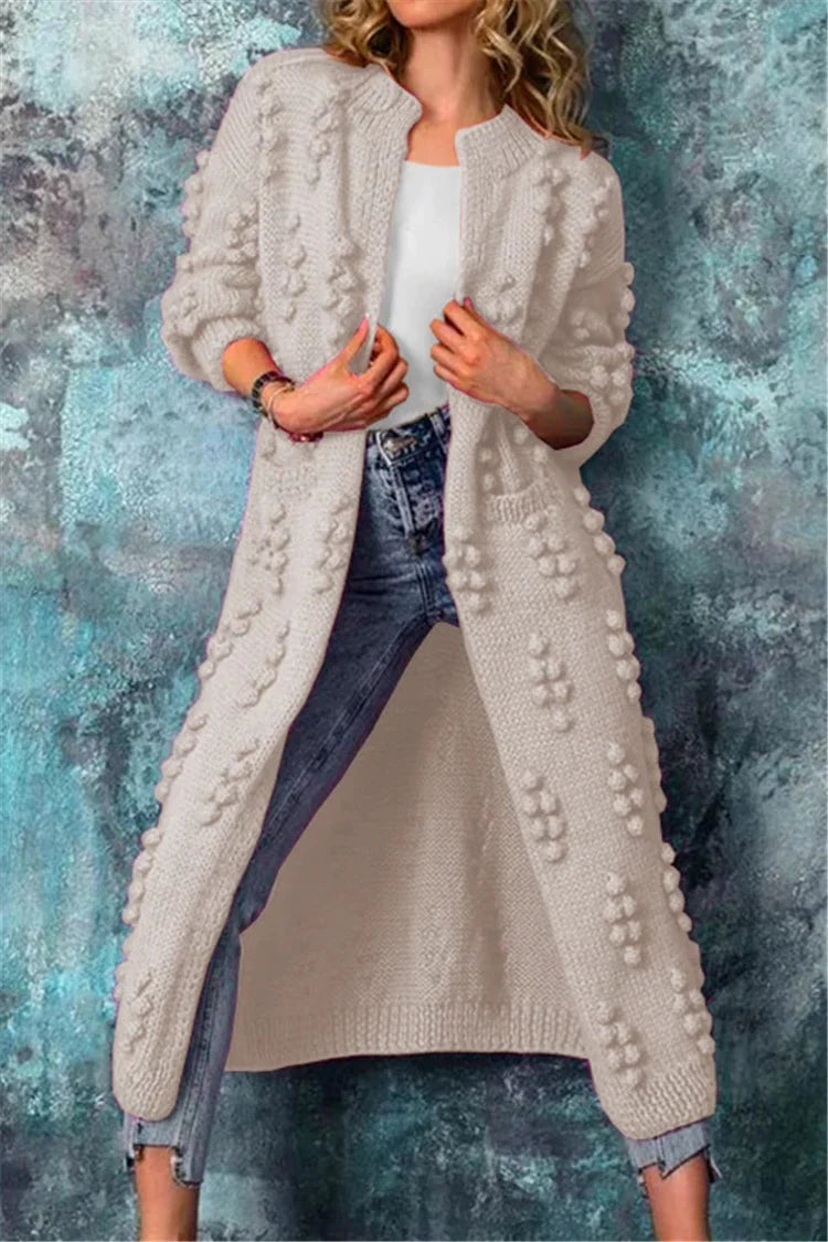 Women’s Cozy Long Textured Knit Open Cardigan Beige