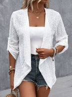 Women’s Open Front Draped Cardigan with Eyelet Pattern White