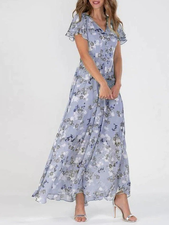 Women’s Elegant Floral V-Neck Maxi Dress Purple