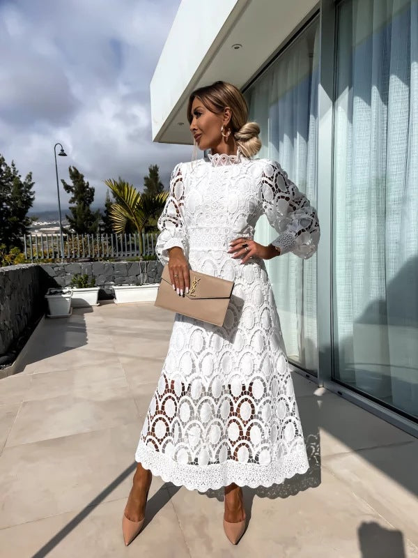 Women’s Elegant Midi Dress with Long Sleeves White