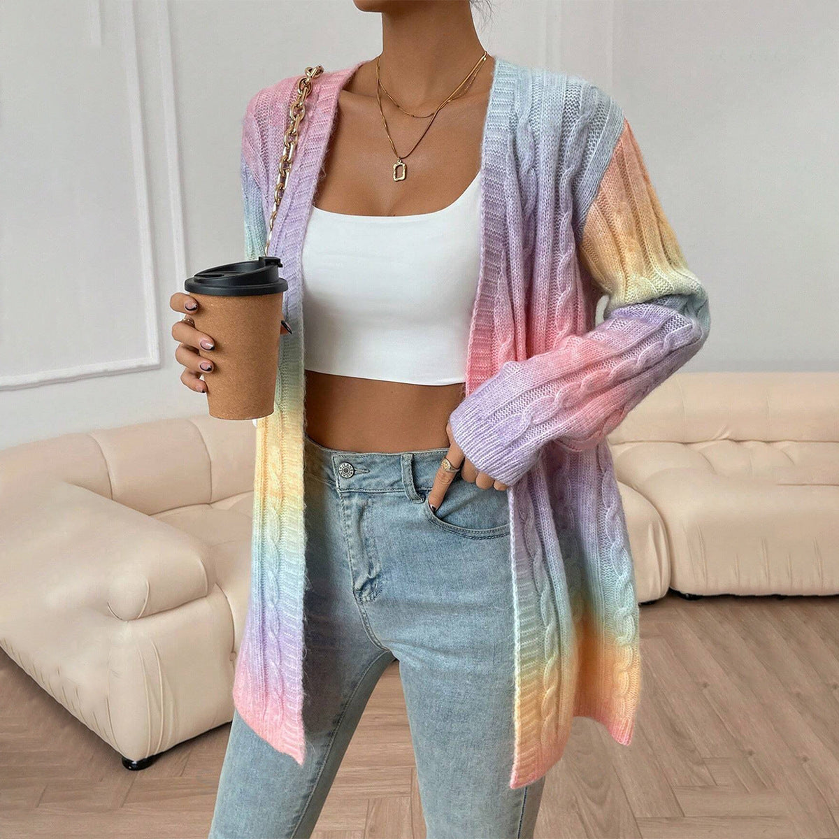 Women’s Long Cable Knit Cardigan Sweater with Open Front