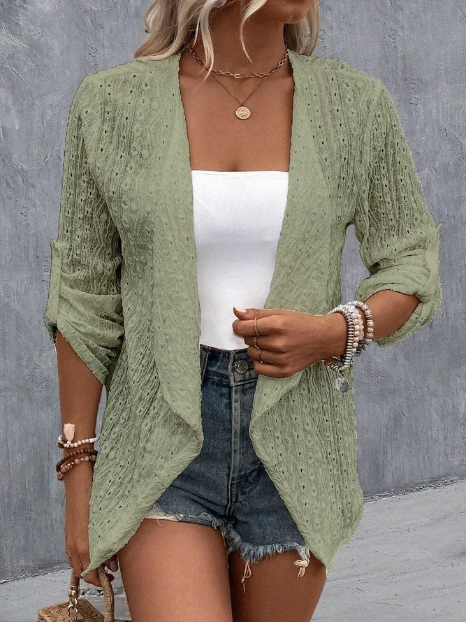 Women’s Open Front Draped Cardigan with Eyelet Pattern Green