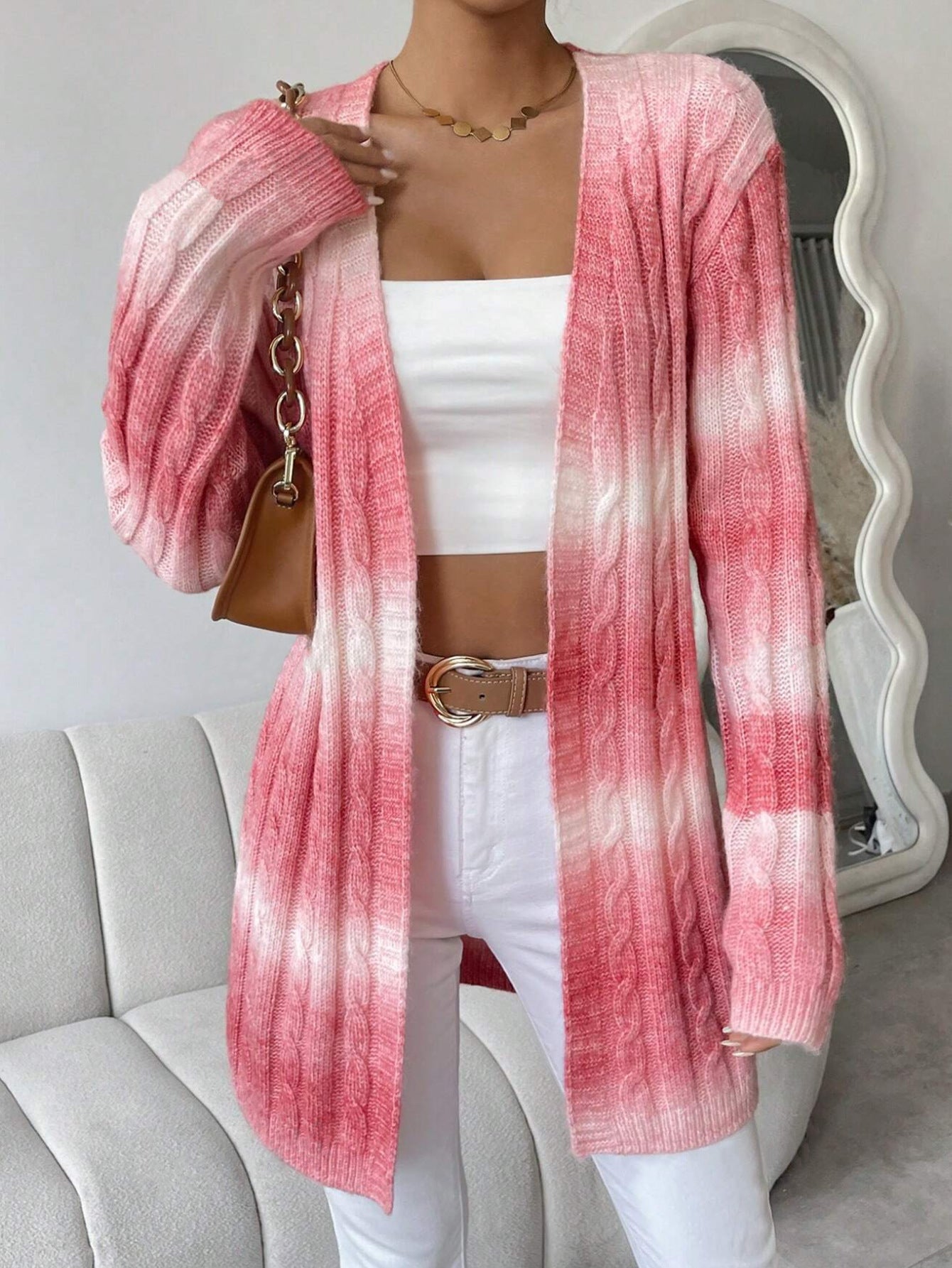 Women’s Long Cable Knit Cardigan Sweater with Open Front