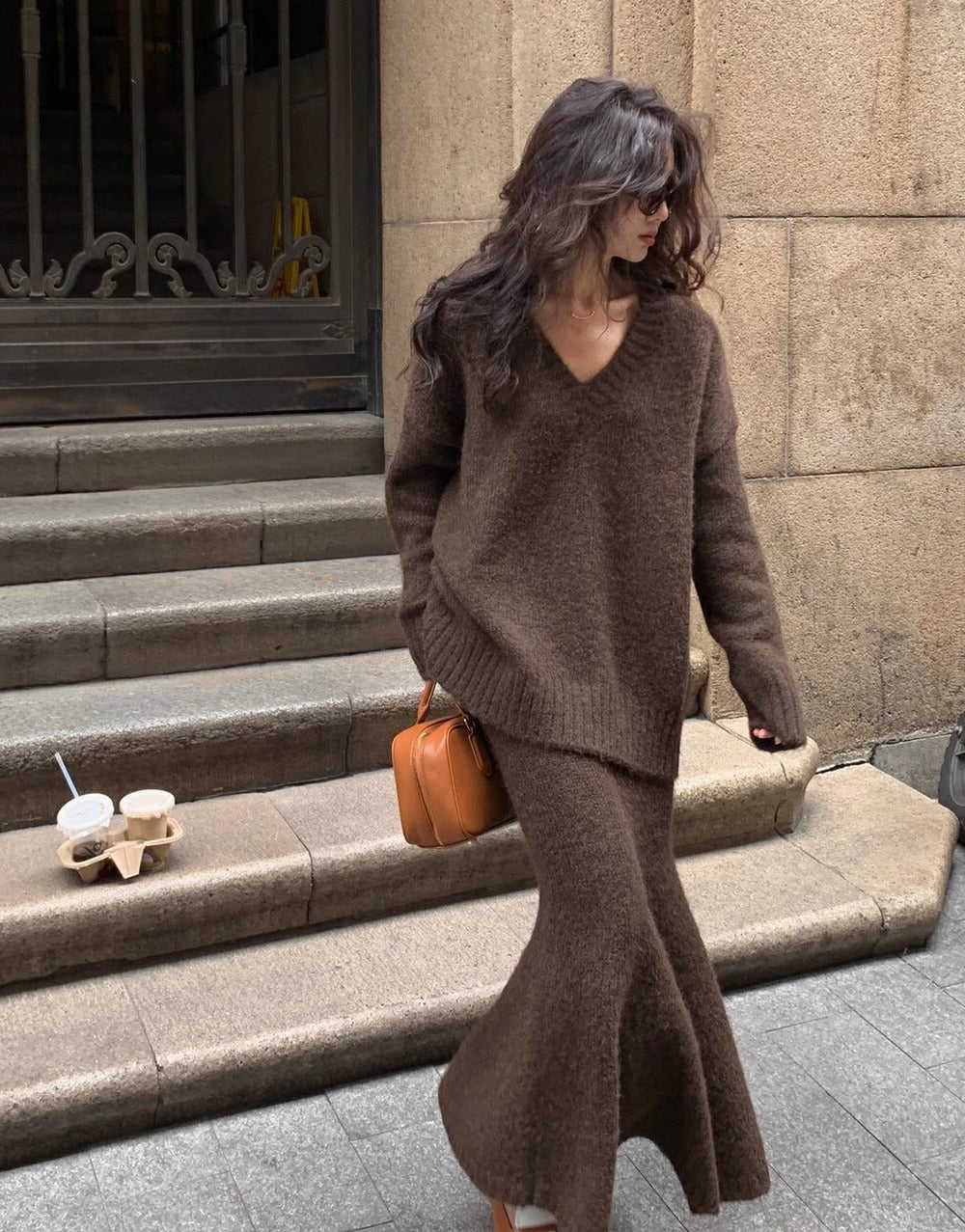 Women’s Cozy V-Neck Knit Sweater and Flare Midi Skirt Set Brown