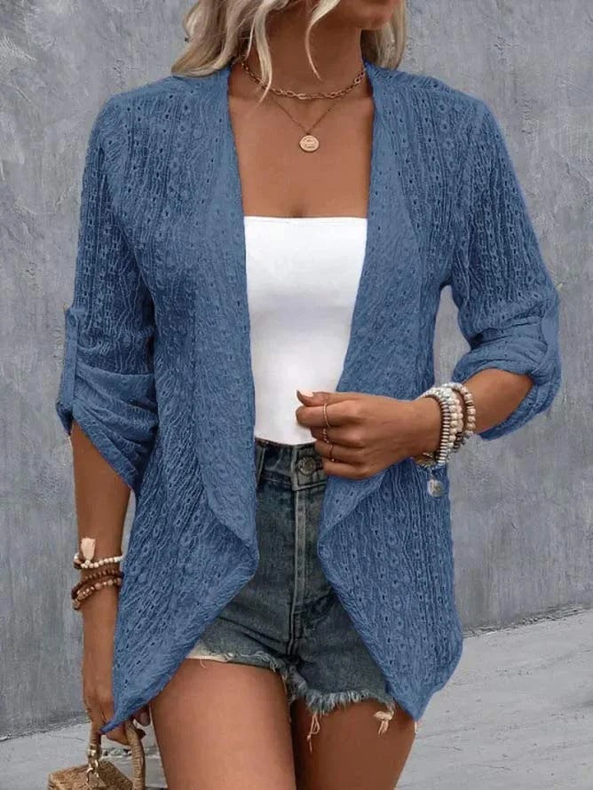 Women’s Open Front Draped Cardigan with Eyelet Pattern Blue