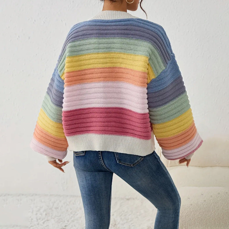 Women’s Oversized Rainbow Cardigan with Button-Front Closure