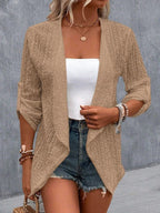 Women’s Open Front Draped Cardigan with Eyelet Pattern Khaki