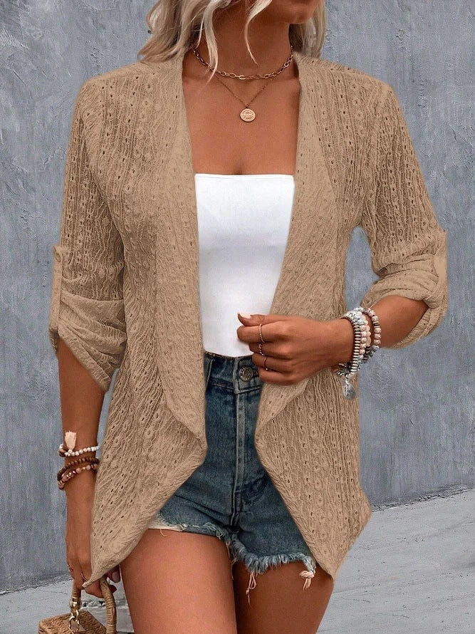 Women’s Open Front Draped Cardigan with Eyelet Pattern Khaki