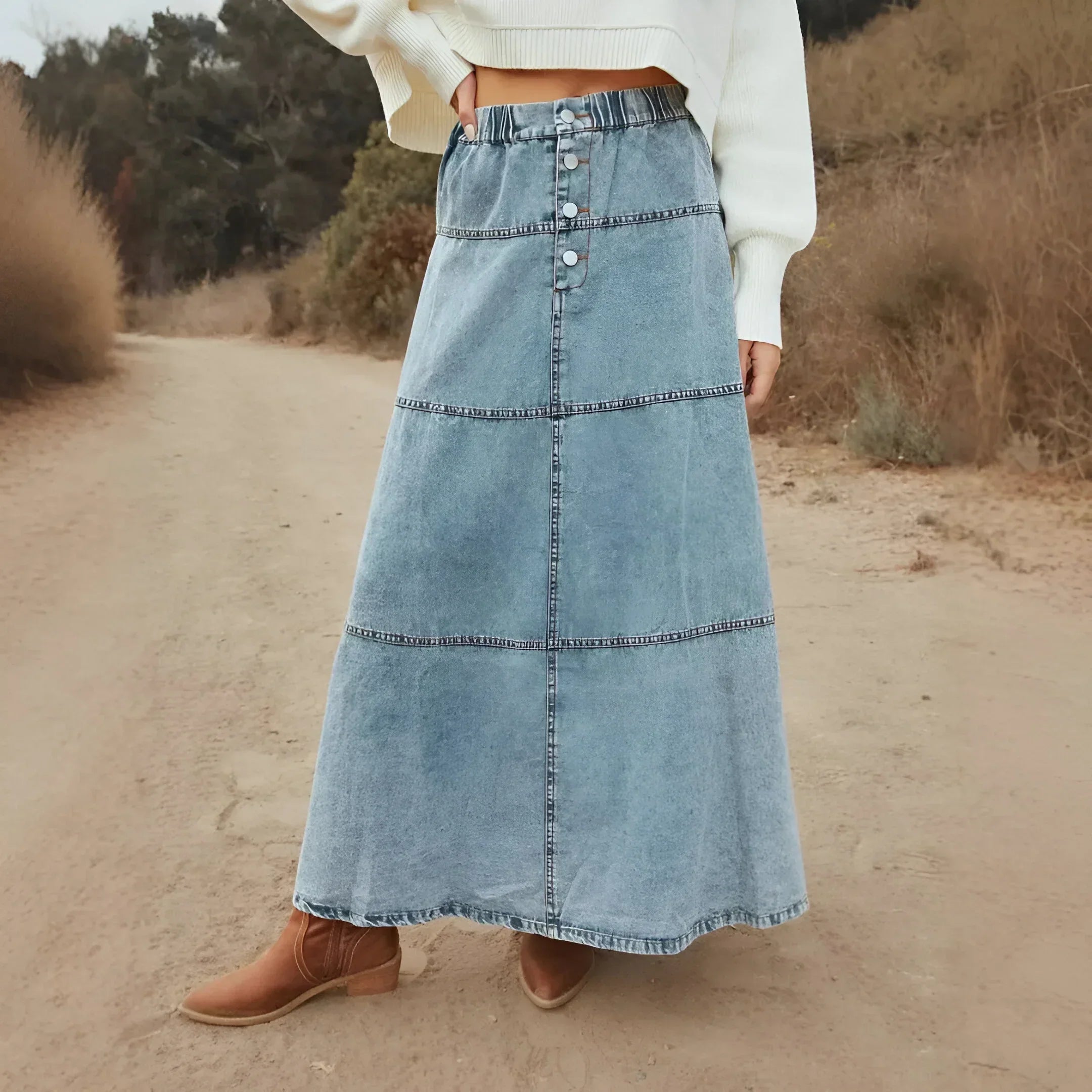 Women’s Tiered Long Denim Skirt – Casual Everyday Style Blue