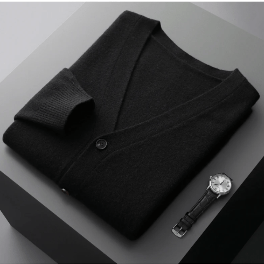 Men’s Classic V-Neck Cardigan with Button Front and Ribbed Knit Black
