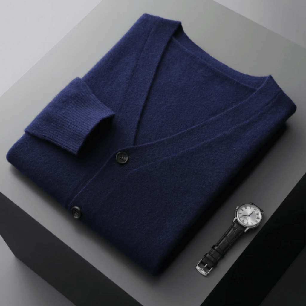 Men’s Classic V-Neck Cardigan with Button Front and Ribbed Knit Navy Blue