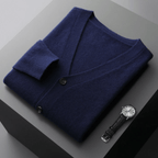 Men’s Classic V-Neck Cardigan with Button Front and Ribbed Knit Navy Blue