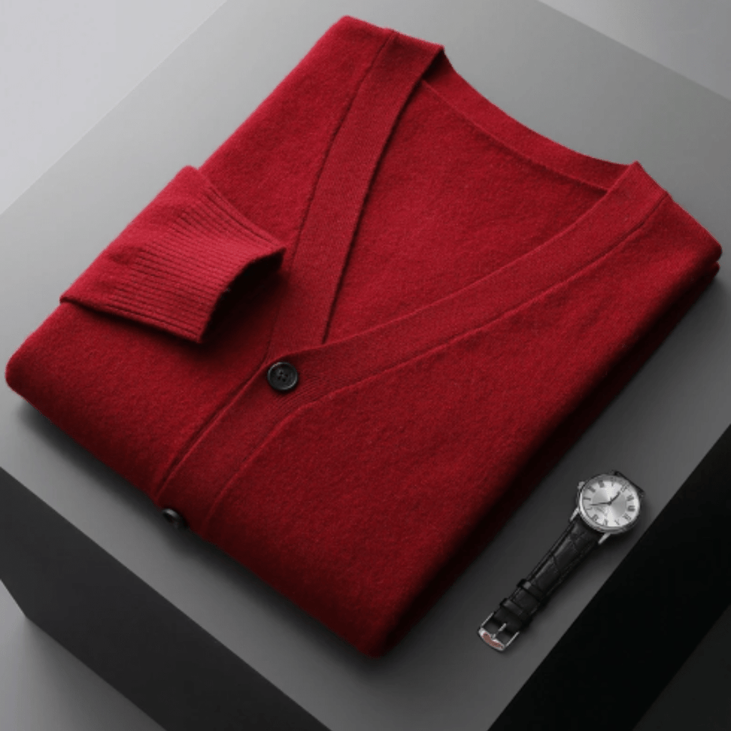 Men’s Classic V-Neck Cardigan with Button Front and Ribbed Knit Red