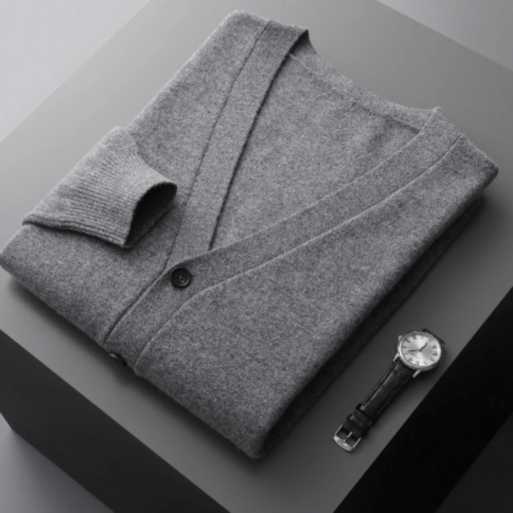 Men’s Classic V-Neck Cardigan with Button Front and Ribbed Knit Dark Grey