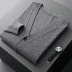 Men’s Classic V-Neck Cardigan with Button Front and Ribbed Knit Dark Grey