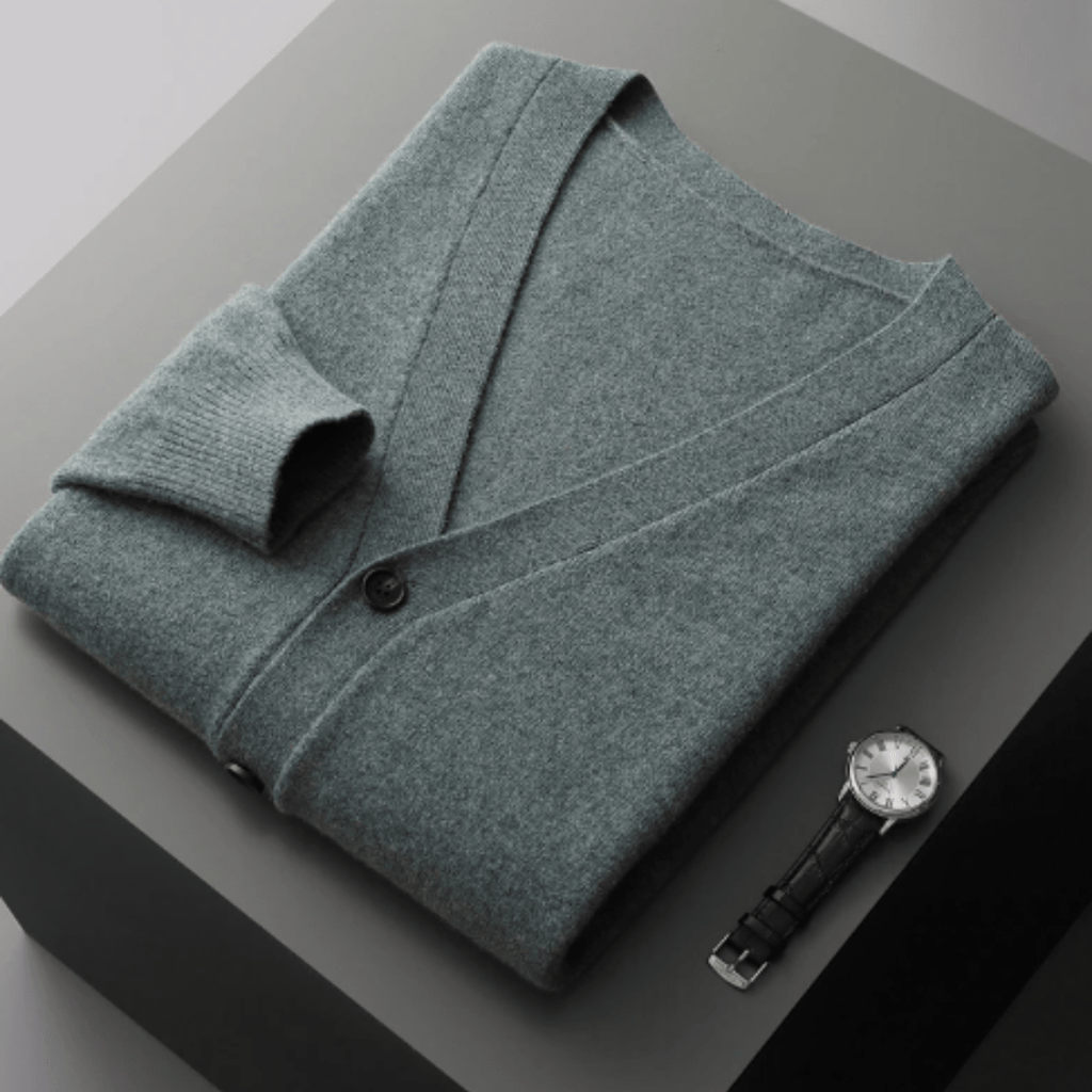 Men’s Classic V-Neck Cardigan with Button Front and Ribbed Knit Green